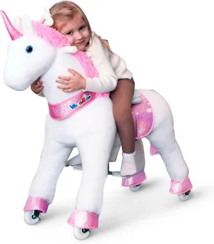 WondeRides Ride on Pink Unicorn Toy Pony Cycle Rocking Horse Ride on Horse, 30.1 inch Height Plush Walking Animal Mechanical Riding Pony with Wheels No Battery Size 3 for 3 to 4 Years Old M331