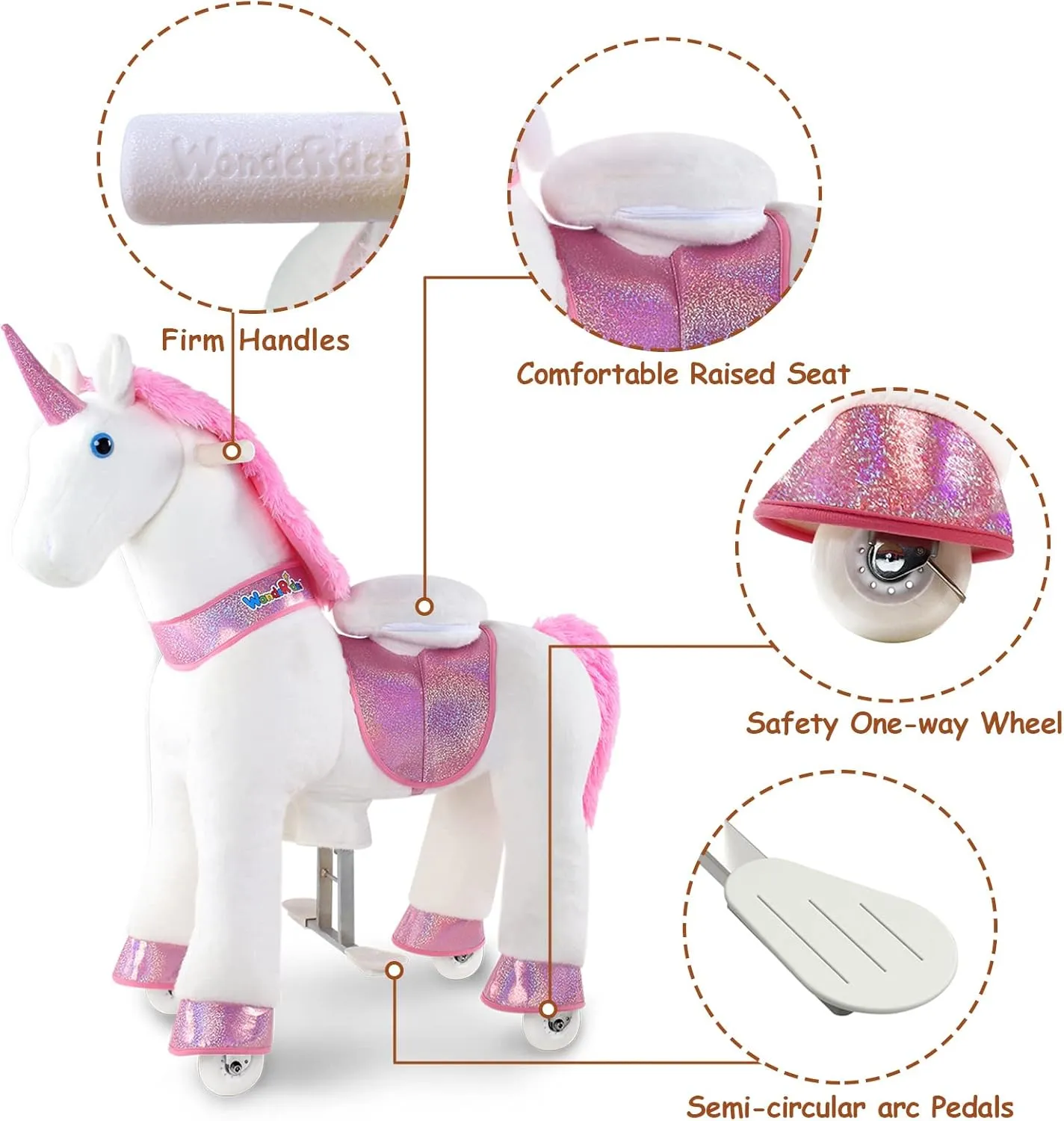 WondeRides Ride on Pink Unicorn Toy Pony Cycle Rocking Horse Ride on Horse, 30.1 inch Height Plush Walking Animal Mechanical Riding Pony with Wheels No Battery Size 3 for 3 to 4 Years Old M331