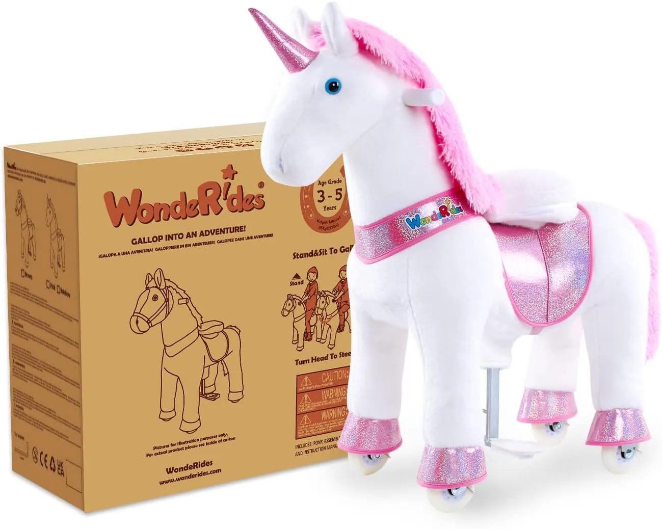 WondeRides Ride on Pink Unicorn Toy Pony Cycle Rocking Horse Ride on Horse, 30.1 inch Height Plush Walking Animal Mechanical Riding Pony with Wheels No Battery Size 3 for 3 to 4 Years Old M331