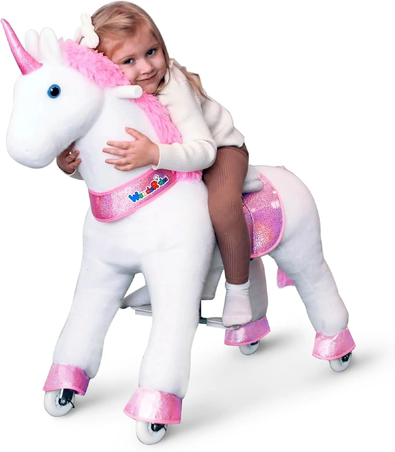 WondeRides Ride on Pink Unicorn Toy Pony Cycle Rocking Horse Ride on Horse, 30.1 inch Height Plush Walking Animal Mechanical Riding Pony with Wheels No Battery Size 3 for 3 to 4 Years Old M331