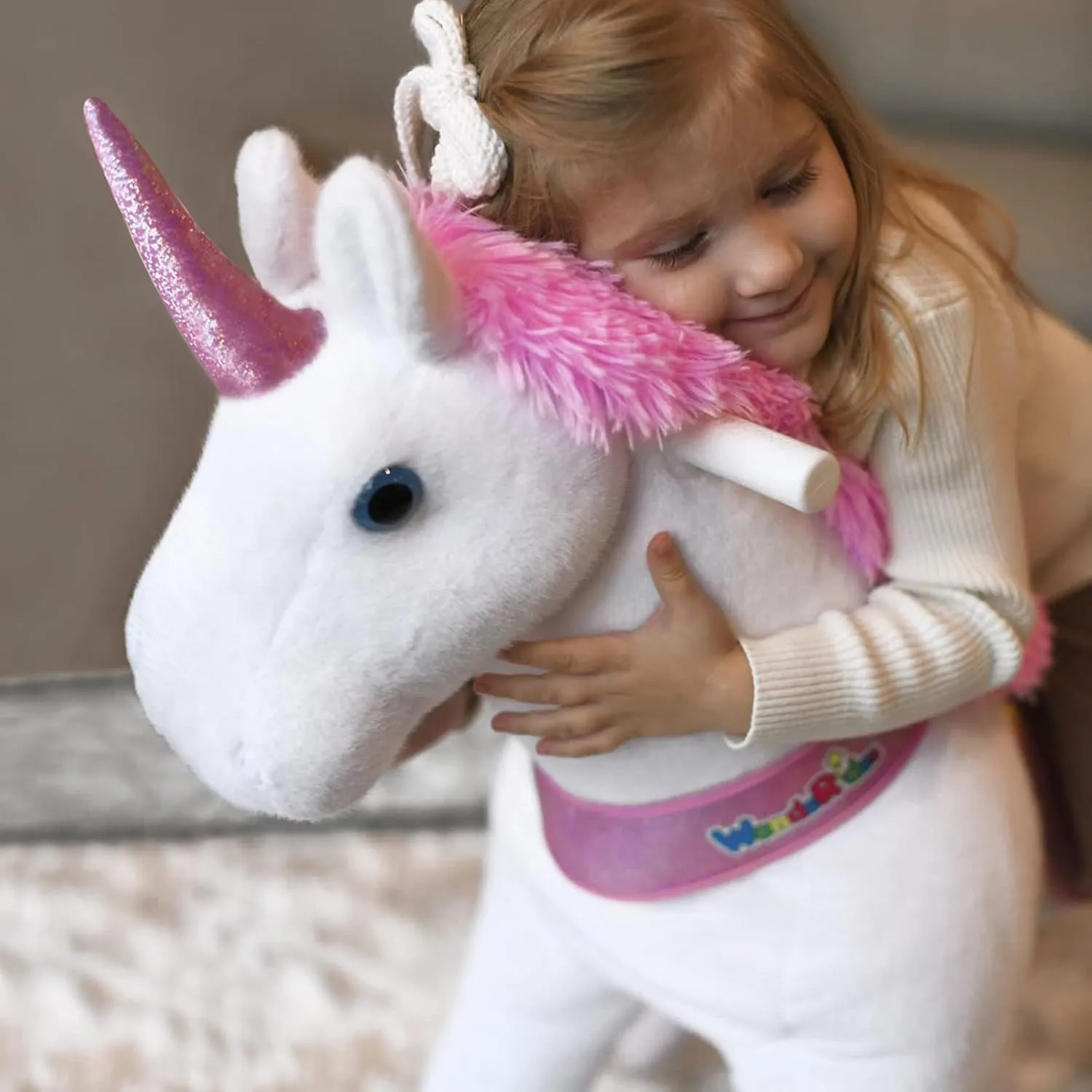 WondeRides Ride on Pink Unicorn Toy Pony Cycle Rocking Horse Ride on Horse, 30.1 inch Height Plush Walking Animal Mechanical Riding Pony with Wheels No Battery Size 3 for 3 to 4 Years Old M331