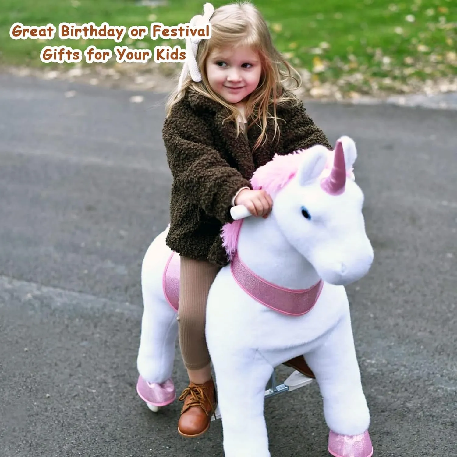 WondeRides Ride on Pink Unicorn Toy Pony Cycle Rocking Horse Ride on Horse, 30.1 inch Height Plush Walking Animal Mechanical Riding Pony with Wheels No Battery Size 3 for 3 to 4 Years Old M331