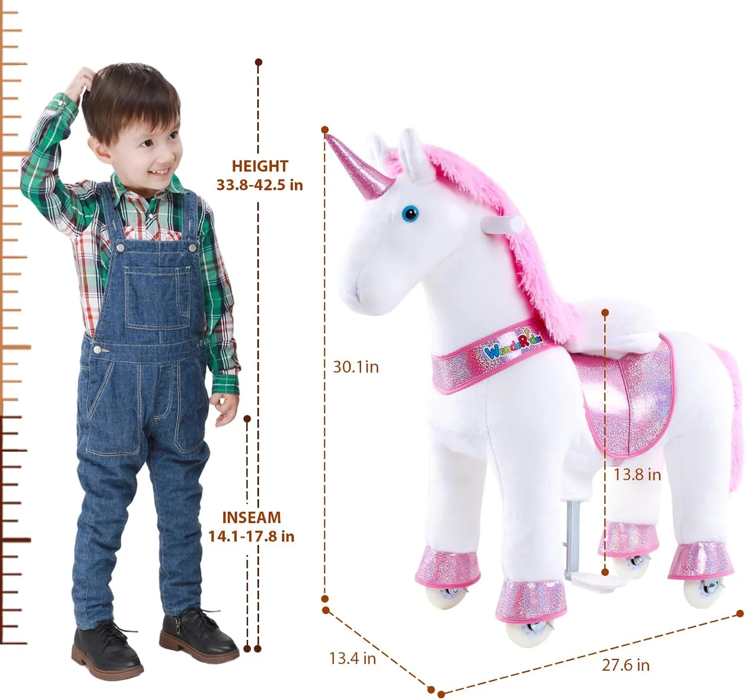 WondeRides Ride on Pink Unicorn Toy Pony Cycle Rocking Horse Ride on Horse, 30.1 inch Height Plush Walking Animal Mechanical Riding Pony with Wheels No Battery Size 3 for 3 to 4 Years Old M331