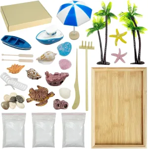 Woohome Mini Zen Garden Kit, Mini Zen Sand Garden Kit, Ocean Beach Sandbox Decorations Zen Decor Kit with White Sand, Mini Boats, Shells, Rocks for Home Office Desktop Decor
