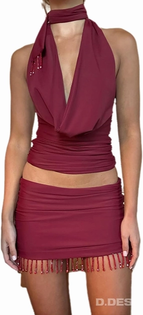 Wuitrie 2025 Women 2 Piece Outfits Backless Halter Cowl Neck Tucked Top Mini Tassel Bodycon Skirt Solid Elegant Sets Red