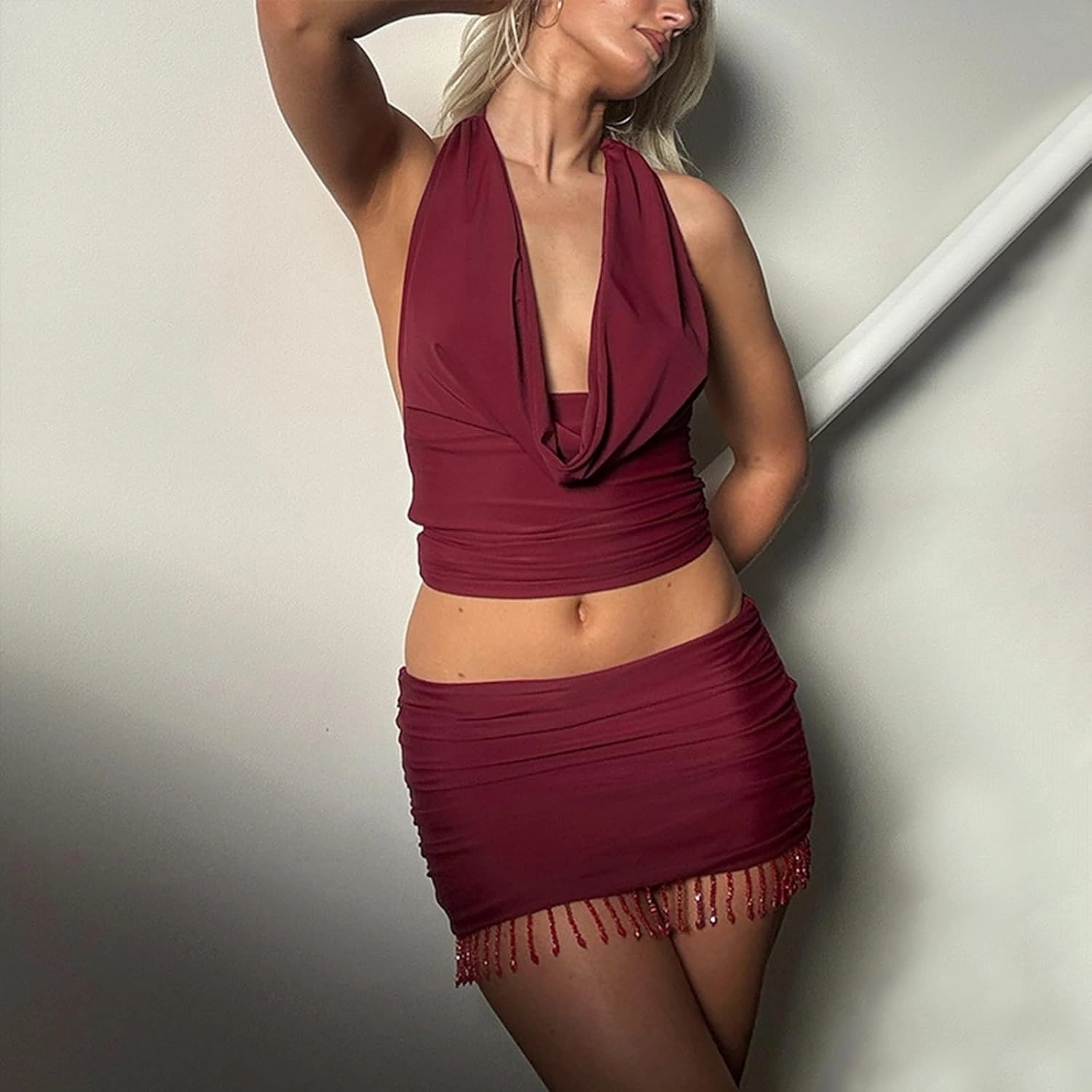 Wuitrie 2025 Women 2 Piece Outfits Backless Halter Cowl Neck Tucked Top Mini Tassel Bodycon Skirt Solid Elegant Sets Red