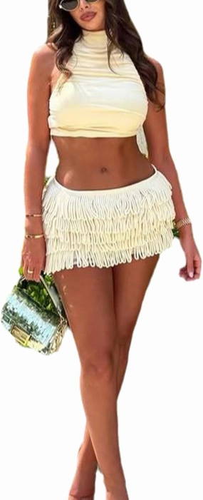 Wuitrie Women 2 Piece Outfits High Neck Sleeveless Halter Crop Top Mini Tassel Pleated Skirt Solid Color Summer Date Set