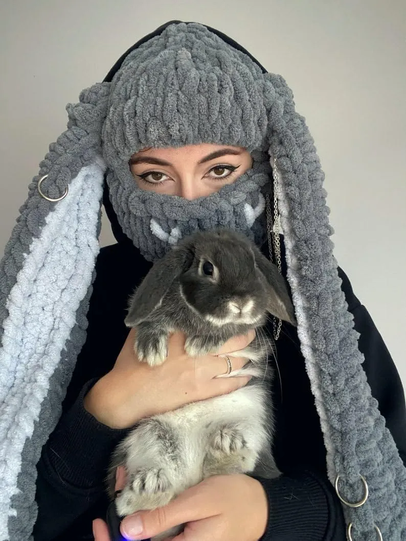 Y2k Knit Balaclava Face Mask for Women Men Bunny Ear Horn Ski Scarf Winter Warm Hat Knit Skull Beanie for Halloween