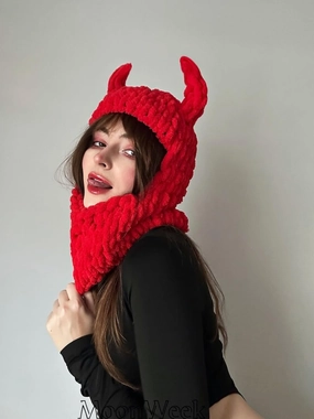 Y2k Knit Balaclava Face Mask for Women Men Bunny Ear Horn Ski Scarf Winter Warm Hat Knit Skull Beanie for Halloween