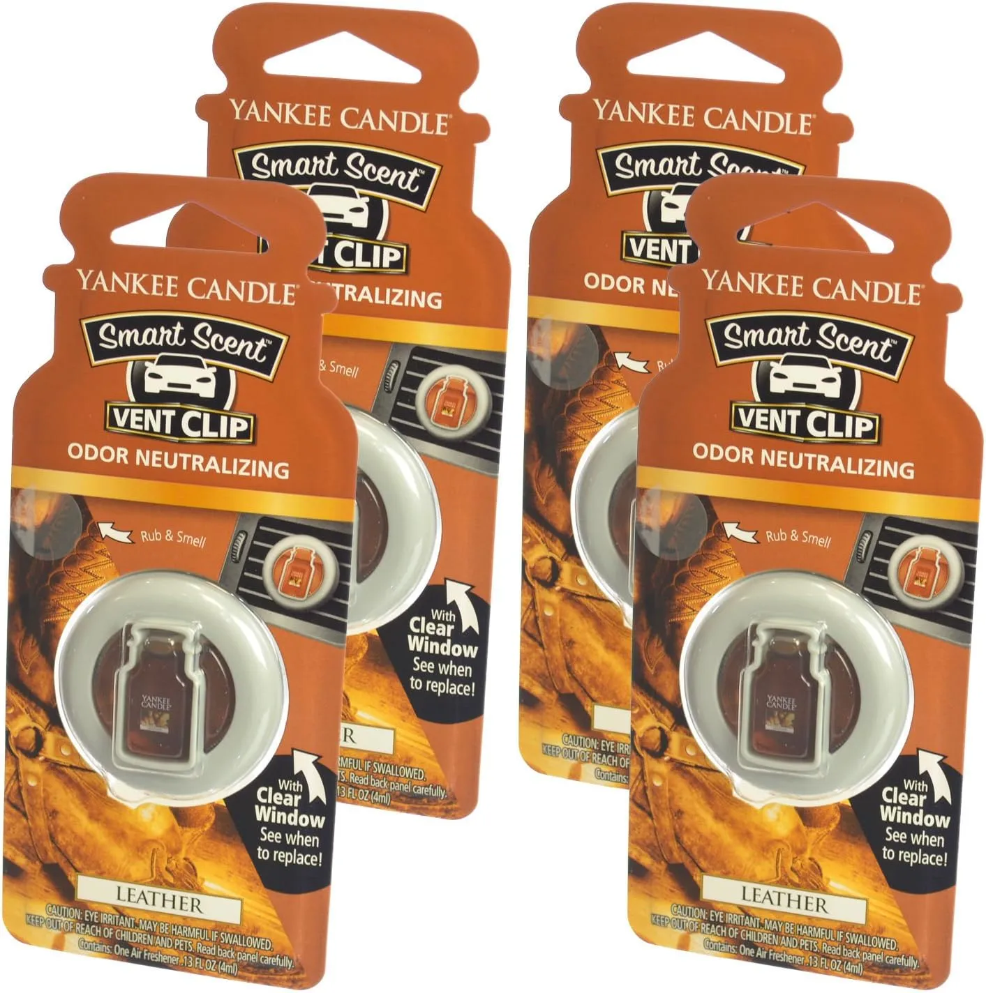 Yankee Candle Smart Scent Vent Clip Odor Neutralizing Car Air Freshener, Leather (Pack of 4)