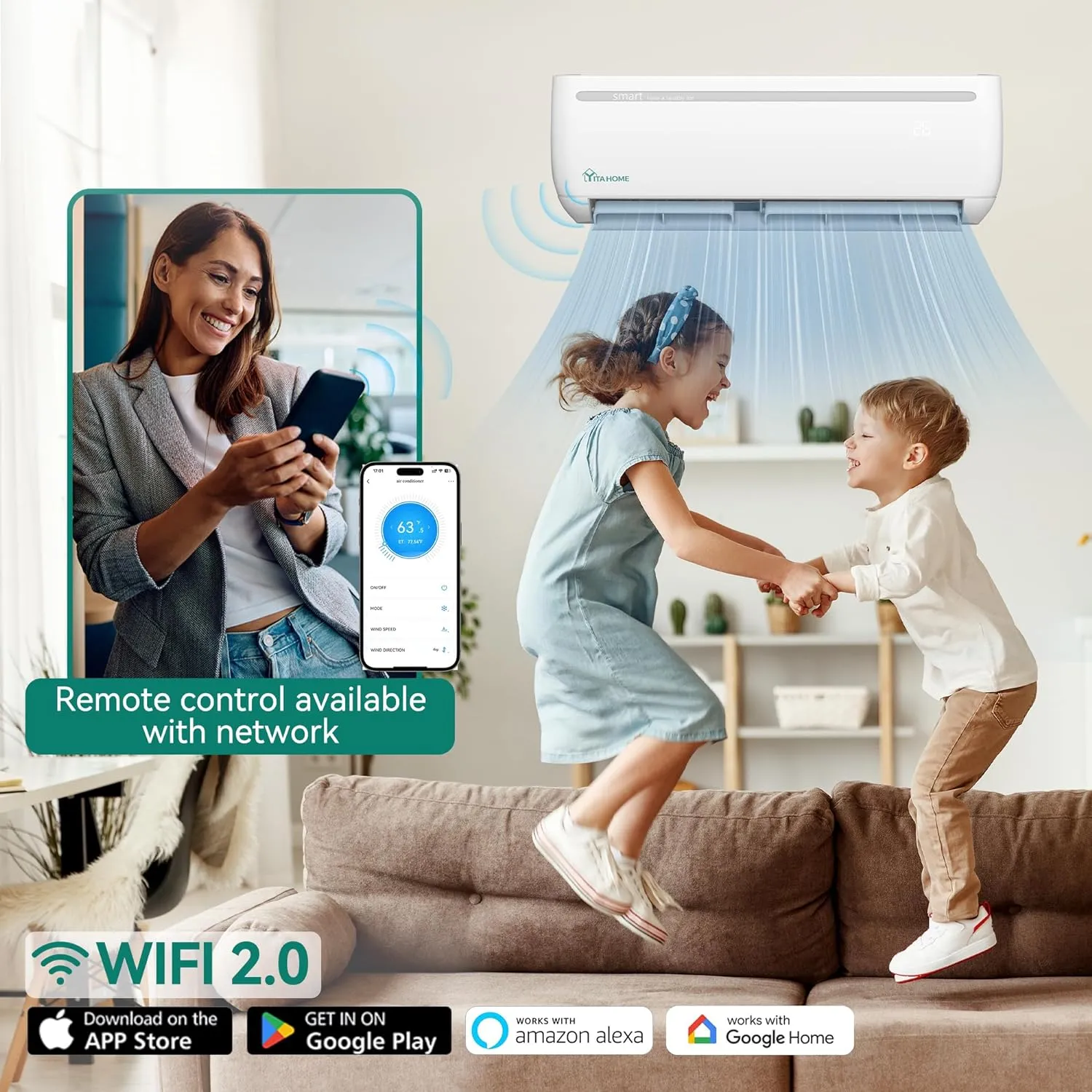 YITAHOME 18000 BTU Mini Split Air Conditioner Heat Pump System, Wifi Enabled 19 SEER2 208-230V Ductless AC Cool Up to 1250 Sq. Ft, Compatible with Alexa, Complete Installation Kit, White