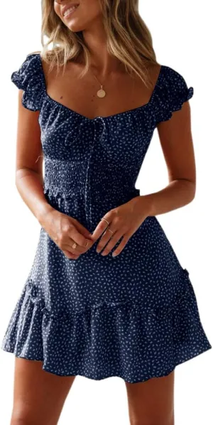 YOBECHO Womens Summer Ruffle Sleeve Sweetheart Neckline Printing Dress Mini Dresses