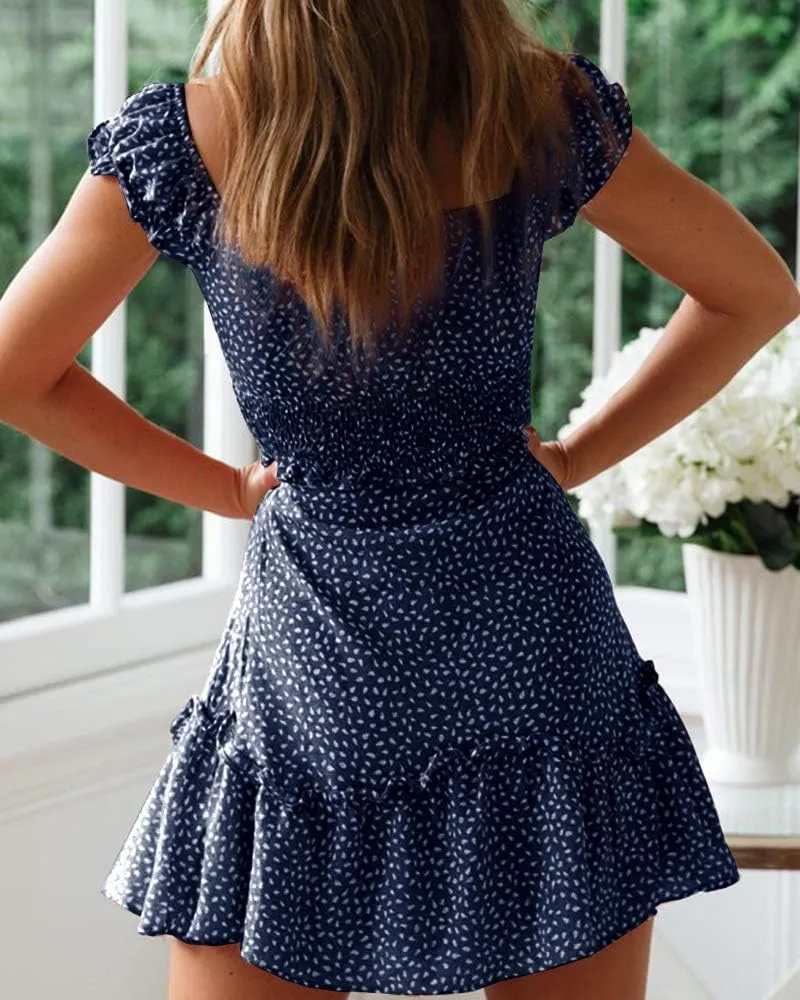 YOBECHO Womens Summer Ruffle Sleeve Sweetheart Neckline Printing Dress Mini Dresses