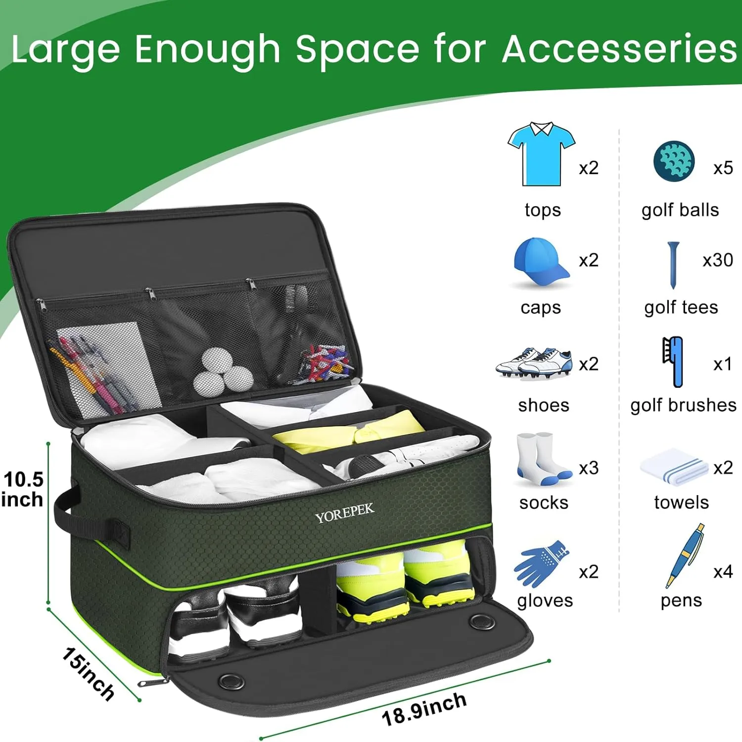 YOREPEK 2 Layer Golf Trunk Organizer, Golf Gifts for Men with Separate Ventilated Compartment for 2 Pair Shoes, Waterproof Car Trunk Locker for Balls, Tees, Clothes, Gloves, Accessories, Golfer Gifts