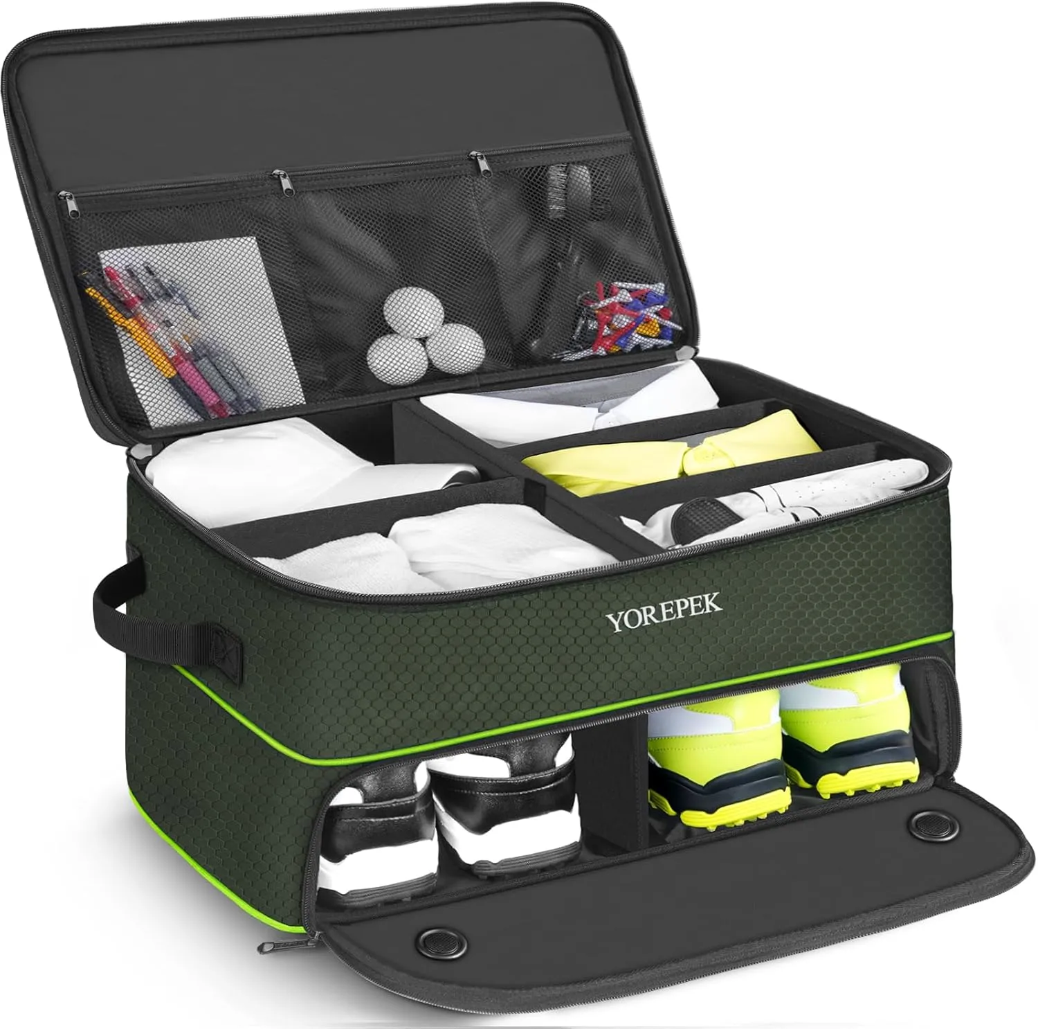 YOREPEK 2 Layer Golf Trunk Organizer, Golf Gifts for Men with Separate Ventilated Compartment for 2 Pair Shoes, Waterproof Car Trunk Locker for Balls, Tees, Clothes, Gloves, Accessories, Golfer Gifts