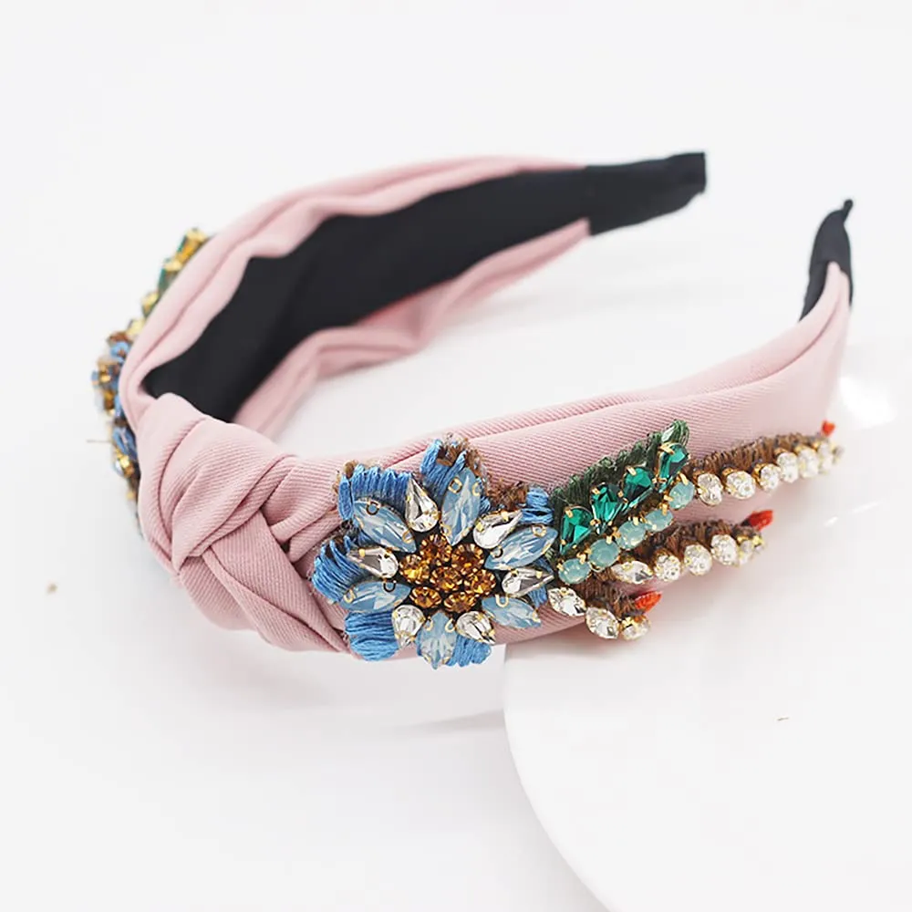 Yusier Baroque Rhinestone Crystal Hairband. 6.1in High, 5.31in Wide, Elastic Material, Exquisite Embroidery, Colorful Rhinestones. Embroidered Hair Hoop for Women. Pink. (1 Count)