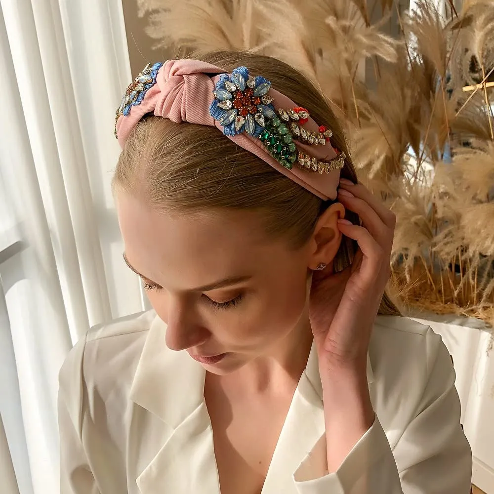 Yusier Baroque Rhinestone Crystal Hairband. 6.1in High, 5.31in Wide, Elastic Material, Exquisite Embroidery, Colorful Rhinestones. Embroidered Hair Hoop for Women. Pink. (1 Count)