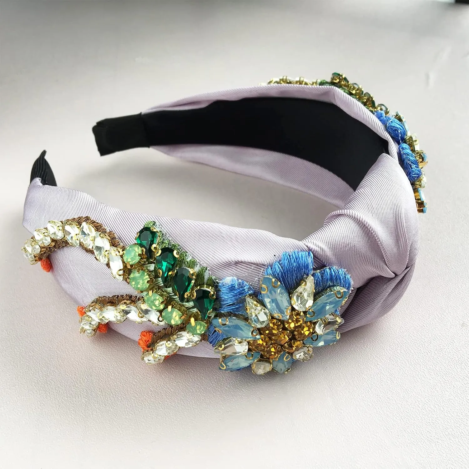 Yusier Baroque Rhinestone Crystal Hairband. Women's Hair Accessory. Satin Fabric. Exquisite Embroidery. Color: Lavender. Size: 1 Count(Pack of 1)