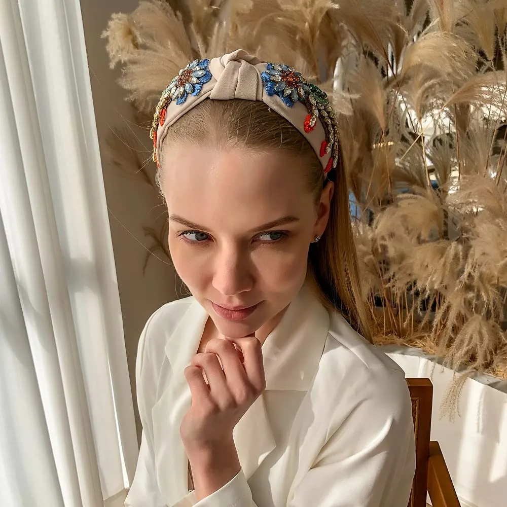 Yusier Baroque Rhinestone Crystal Headbands for Women Embroidered Hair Band Exquisite Hairband Women's Hair Accessories Hair Hoop Available in 5 Colors (Beige)