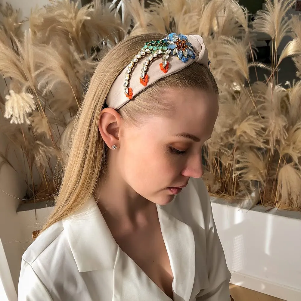 Yusier Baroque Rhinestone Crystal Headbands for Women Embroidered Hair Band Exquisite Hairband Women's Hair Accessories Hair Hoop Available in 5 Colors (Beige)