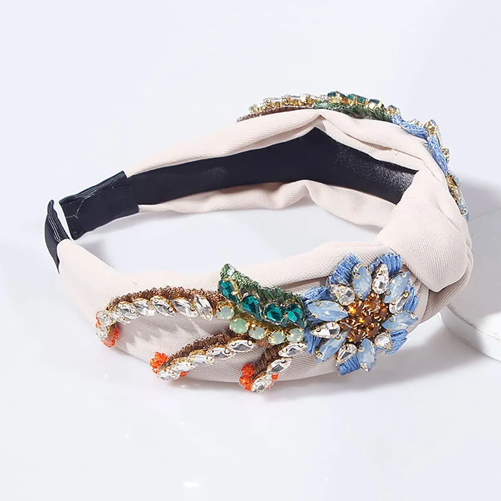 Yusier Baroque Rhinestone Crystal Headbands for Women Embroidered Hair Band Exquisite Hairband Women's Hair Accessories Hair Hoop Available in 5 Colors (Beige)