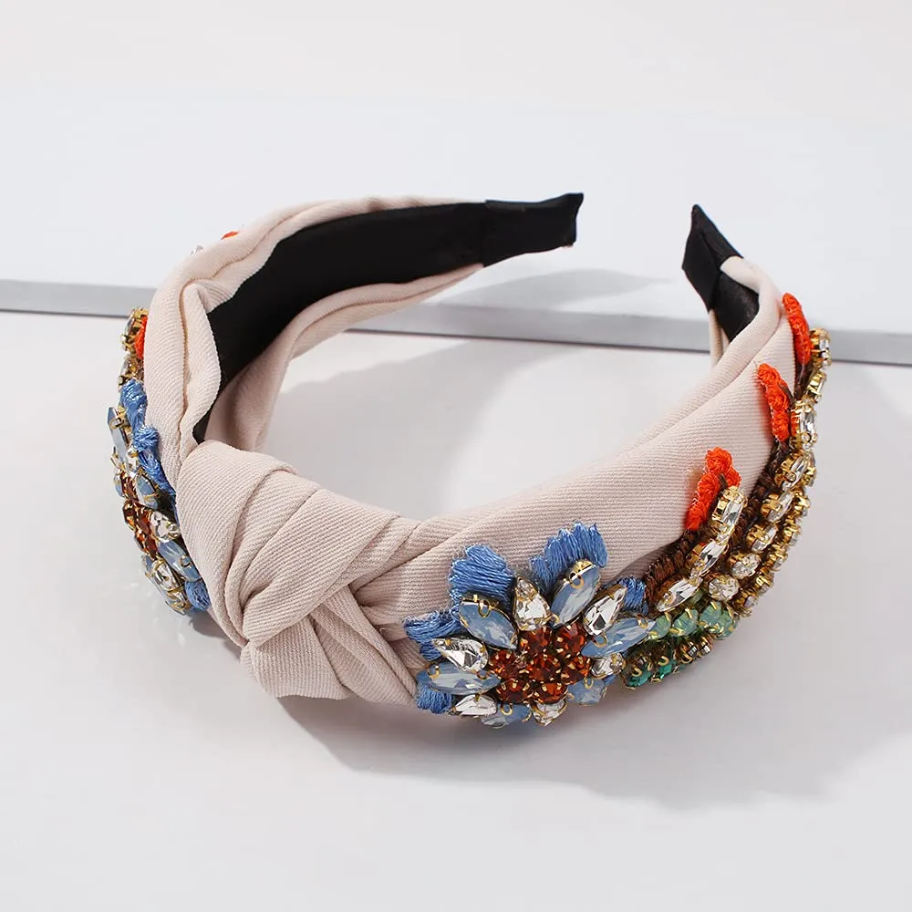 Yusier Baroque Rhinestone Crystal Headbands for Women Embroidered Hair Band Exquisite Hairband Women's Hair Accessories Hair Hoop Available in 5 Colors (Beige)