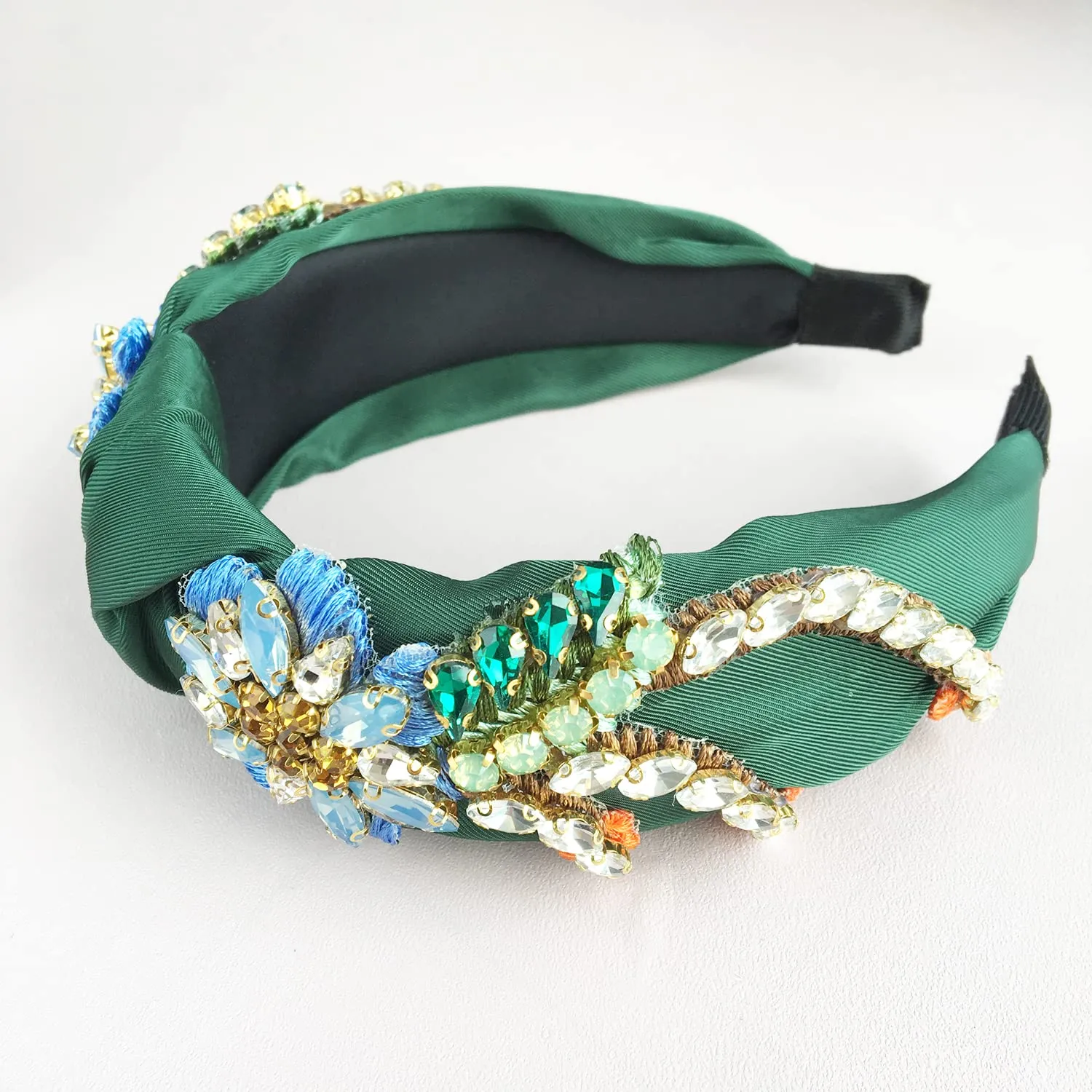 Yusier Women's Baroque Rhinestone Crystal Headbands - Embroidered Satin Hair Accessories, Exquisite Hairband in a Variety of Colors (Dark Green)