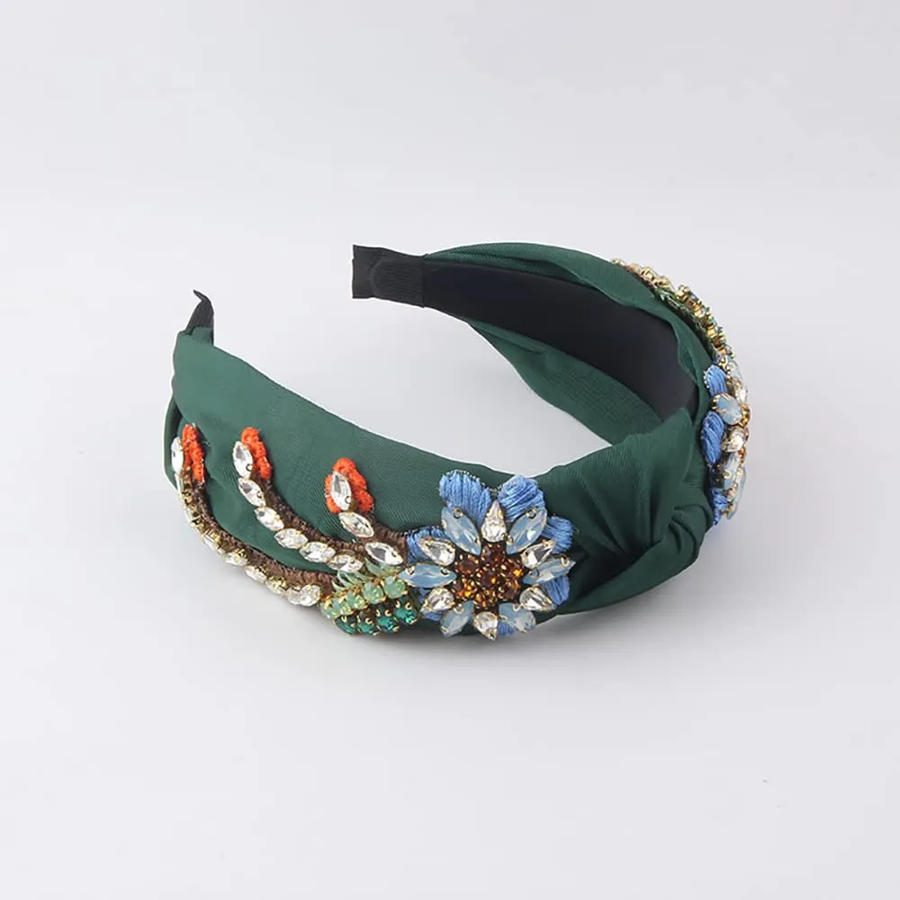 Yusier Women's Baroque Rhinestone Crystal Headbands - Embroidered Satin Hair Accessories, Exquisite Hairband in a Variety of Colors (Dark Green)
