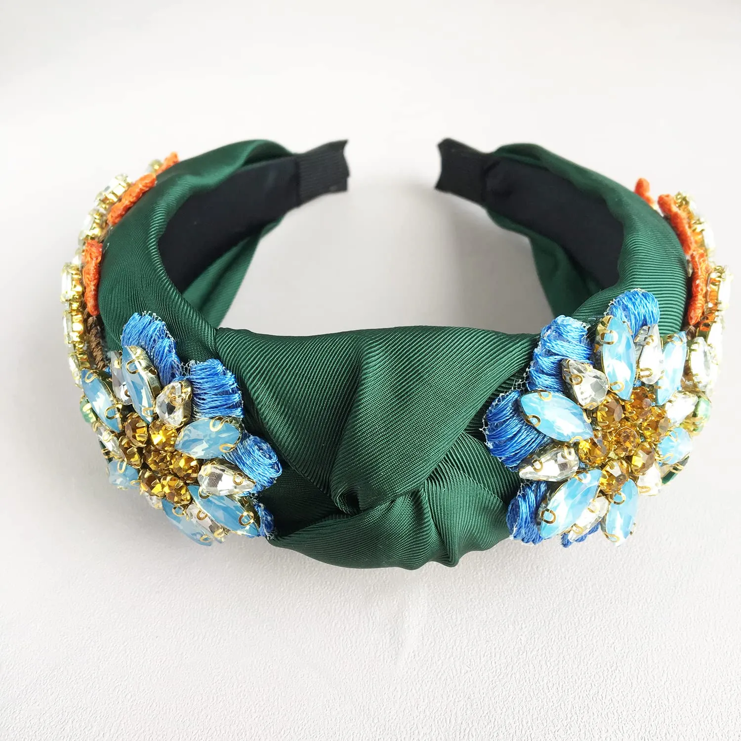 Yusier Women's Baroque Rhinestone Crystal Headbands - Embroidered Satin Hair Accessories, Exquisite Hairband in a Variety of Colors (Dark Green)