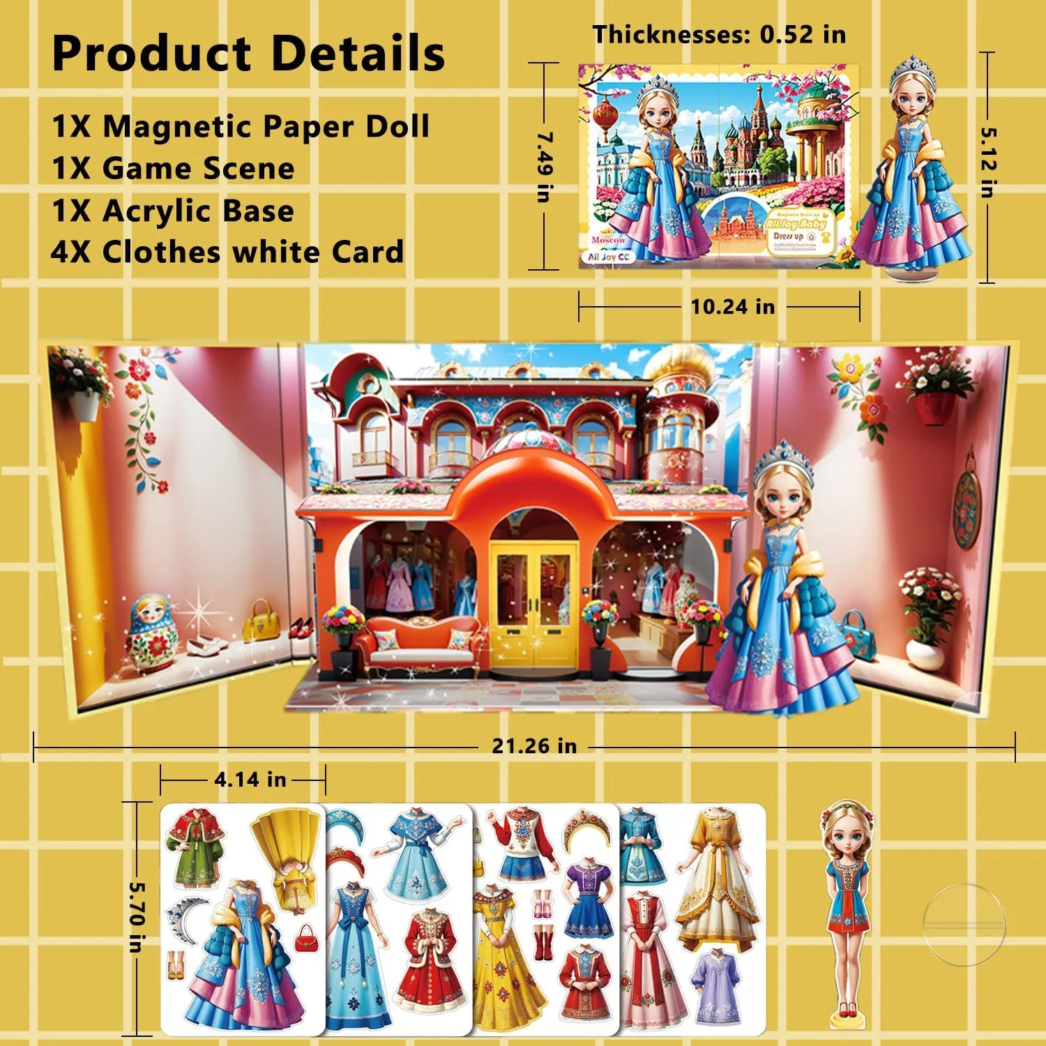 Yuzee Paper Dolls Stickers - Magnetic Dress Up Dolls for Girls - Toddler Travel Toys - 1 Paper Doll and 33 Clothing Accessories with 3D Magnetic Game Scene, Foster Creativity and Imagination