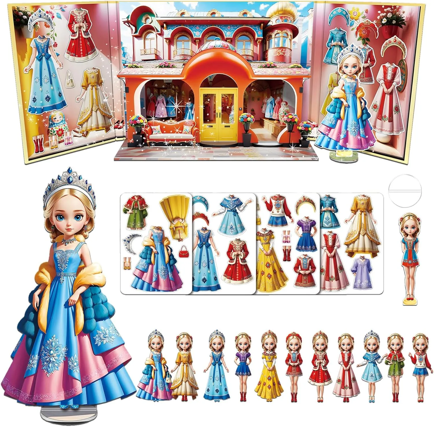 Yuzee Paper Dolls Stickers - Magnetic Dress Up Dolls for Girls - Toddler Travel Toys - 1 Paper Doll and 33 Clothing Accessories with 3D Magnetic Game Scene, Foster Creativity and Imagination