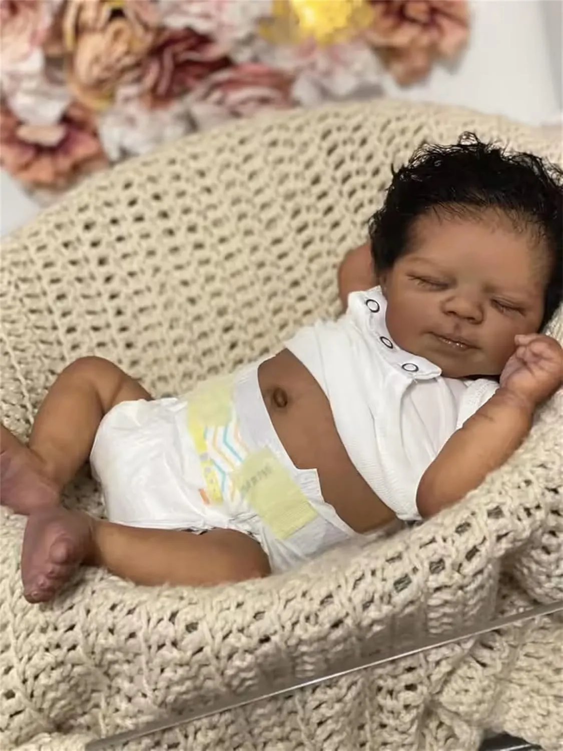 Zero Pam Reborn Baby Dolls Black Boy Sleeping with Curly Hair, 18 Inch African American Soft Vinyl Full Body Silicone Realistic Baby Dolls Anatomically Correct Newborn Baby Boy Doll for Kids Age 3 