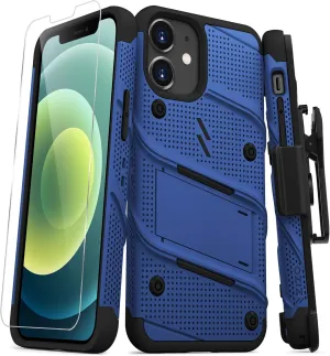 Zizo Bolt Series for iPhone 12 Mini Case with Screen Protector Kickstand Holster Lanyard - Blue & Black